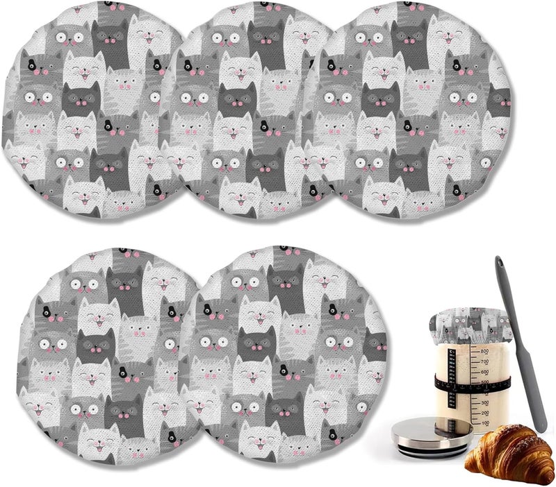 IGPPDO Grey Cute Cat Sourdough Starter Jar Cloth Covers, 5 Pack Kit Stretchy Cloth Bowl Lids Fits Jar Mouth Ranging 3"- 4" Inches - Image 1